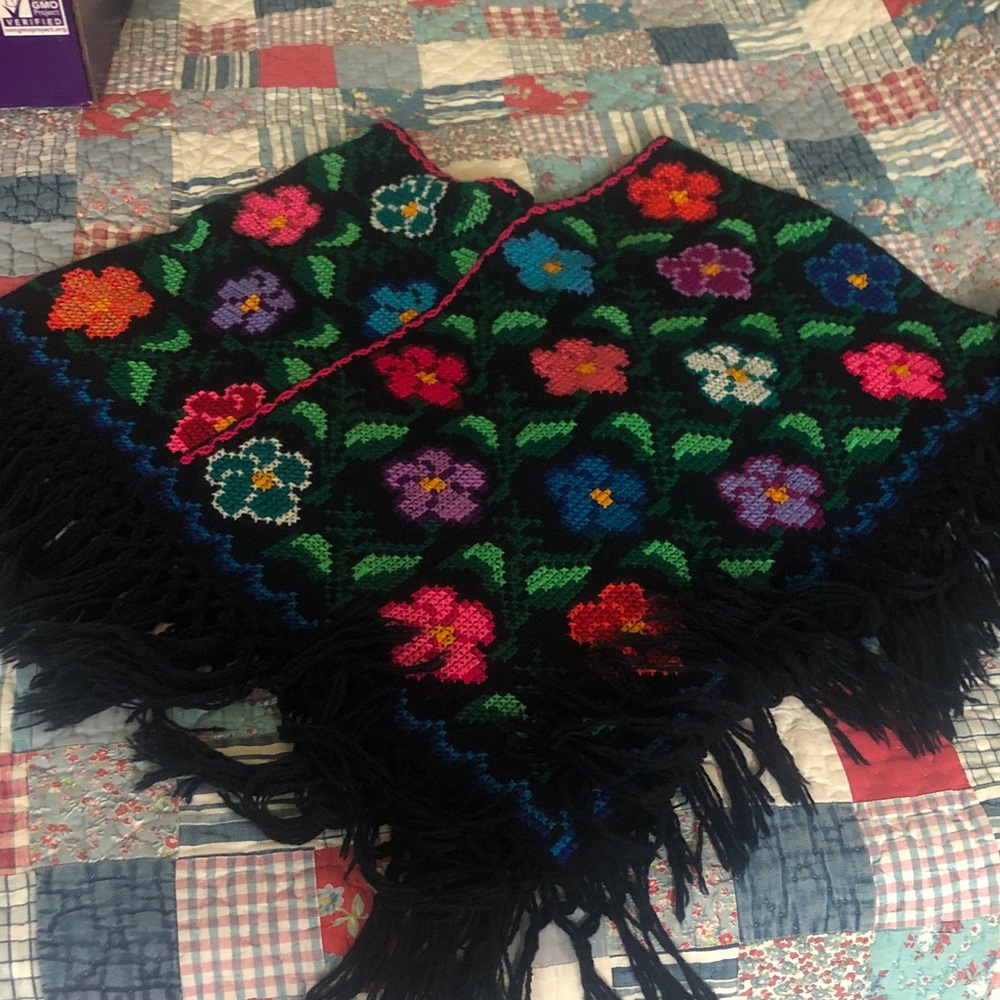 Mexican very dark blue/black  Floral Fringed Knit Poncho